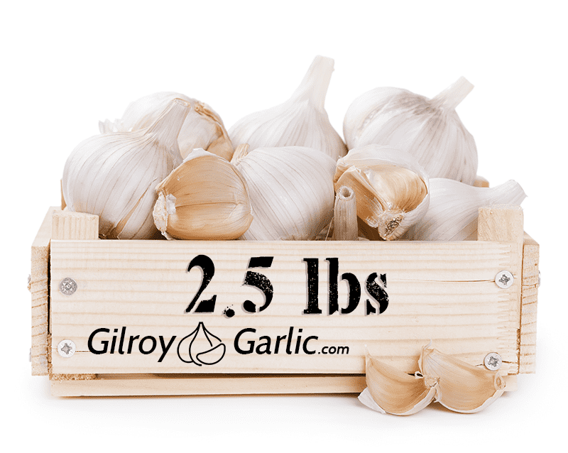 2.5 pounds garlic in wooden crate